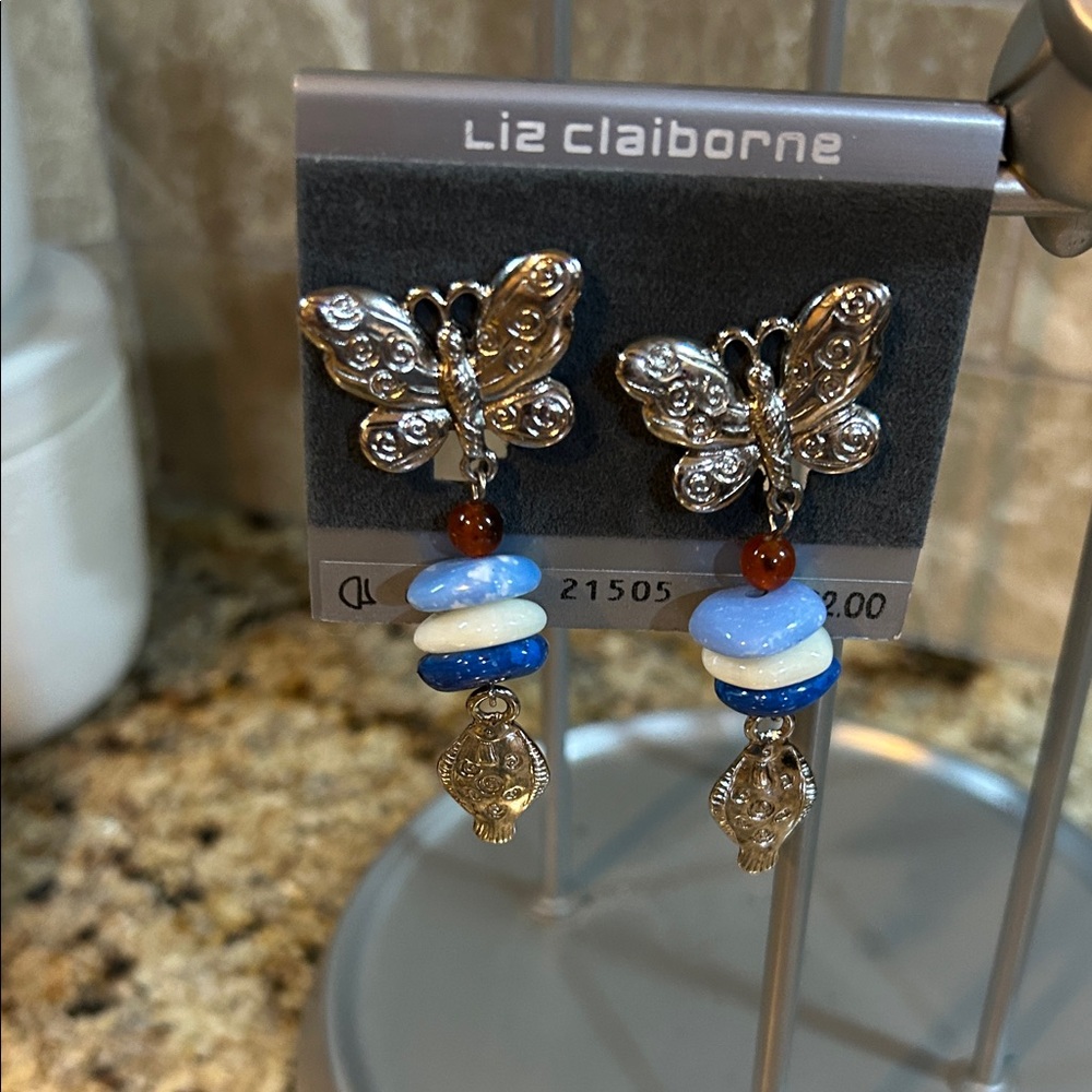 Liz Claiborne butterfly dangle silver and blue earring, Clip on, 3”, New